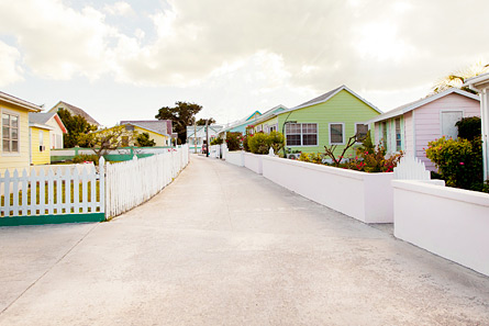 The pastel-color painted houses dot the landscape on Green Turtle Cay.